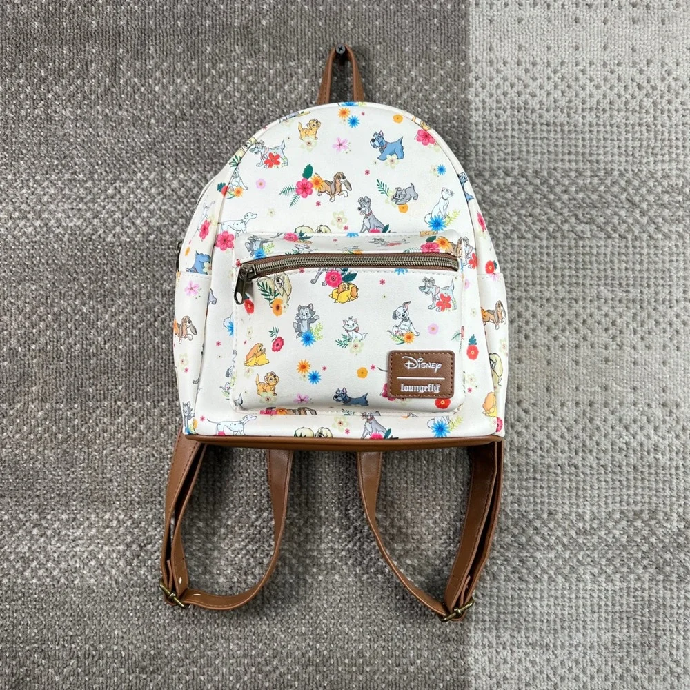 Disney Loungefly Mini Backpack Floral Dogs and Cats White Brown Faux Leather
